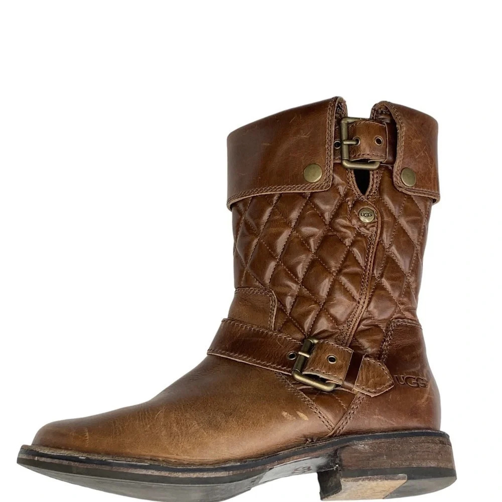 UGG biker boots in brown leather size 6 Moto style quilted leather gold hardware